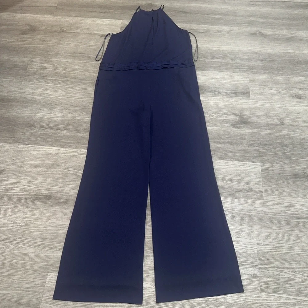 Diane Von Furstenberg Davin Silk Jumpsuit Size 14 Navy Tie Waist Wide Leg Halter